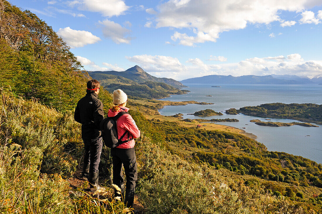 Couple of hikers,Wulaia Bay,Navarino island,Tierra del Fuego, Patagonia,Chile,South America