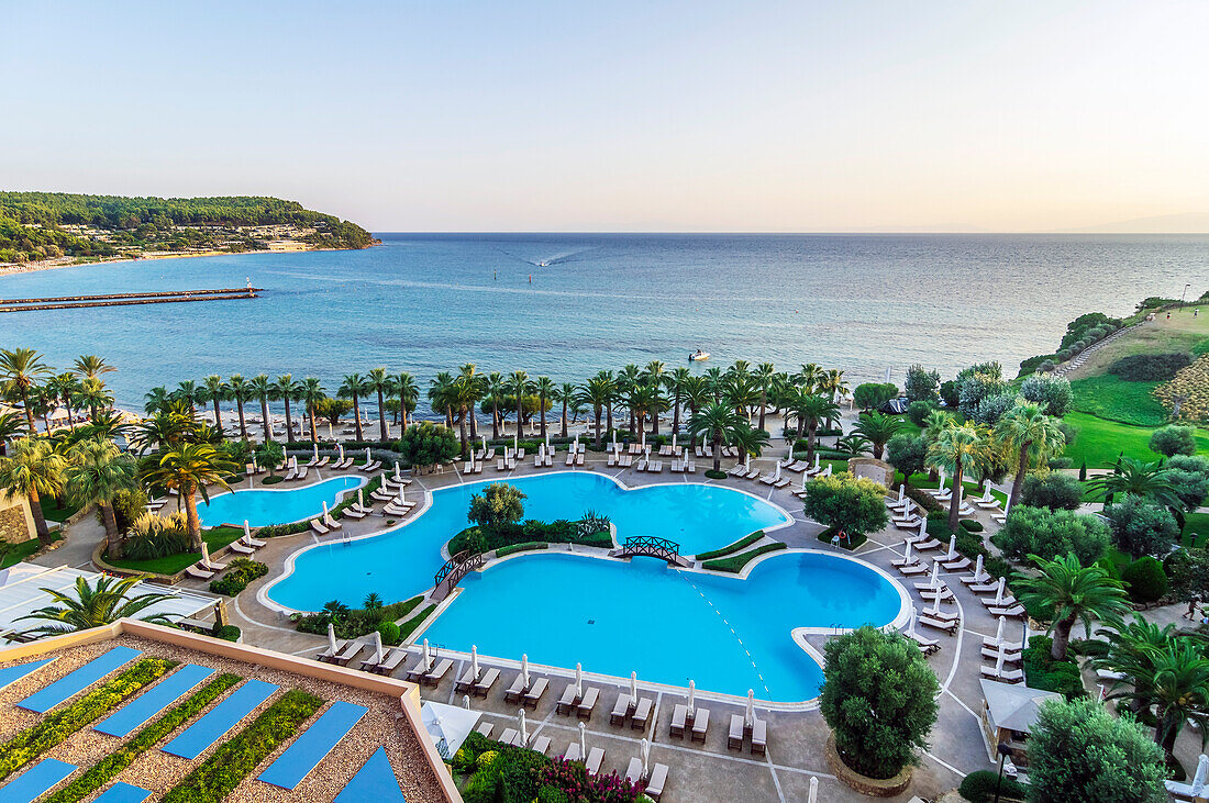  Pool area of a hotel resort in Greece at Cape Sani on the Greek peninsula of Chalkidiki 