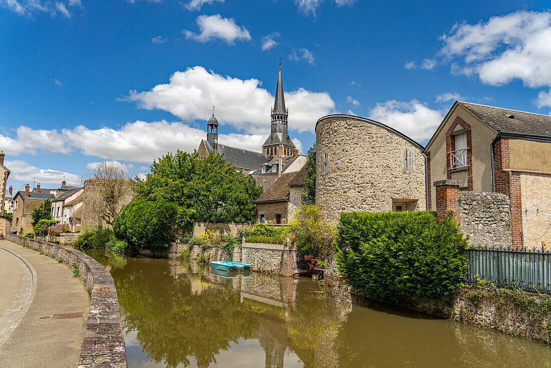  Moat in Bonneval with the church of Notre-Dame, Centre-Val de Loire, France, Europe 