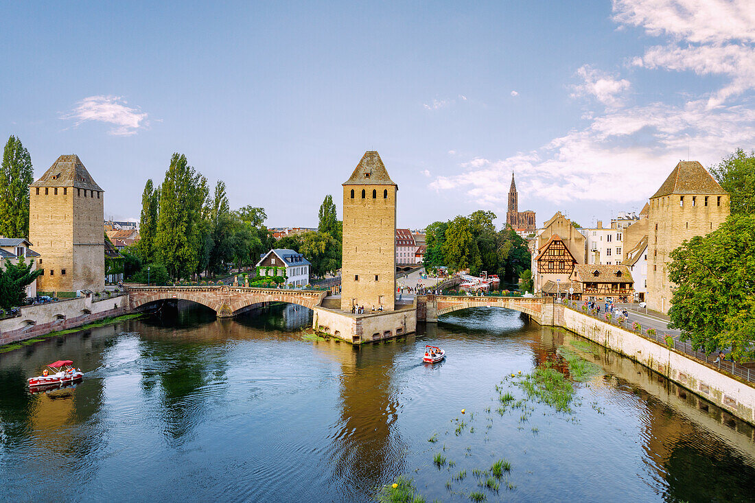  View of Ponts Couverts and la Petite France on the l&#39;Ill from Barrage Vauban in Strasbourg in the Bas-Rhin department in the Grand Est region of Alsace in France 