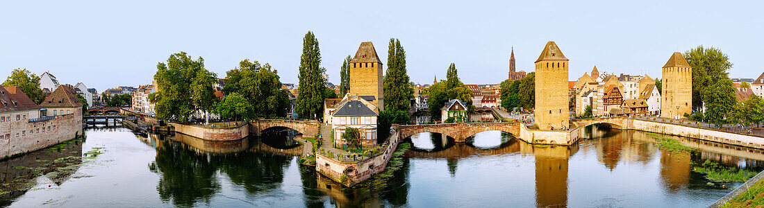  View of Ponts Couverts and la Petite France on the l&#39;Ill from Barrage Vauban in Strasbourg in the Bas-Rhin department in the Grand Est region of Alsace in France 