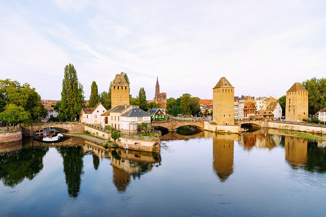  View of Ponts Couverts and Strasbourg Cathedral (Münster zu Strasbourg, Liebfrauenmünster, La Cathedrale Notre-Dame) from Barrage Vauban in Strasbourg in the Bas-Rhin department in the Grand Est region in Alsace in France 