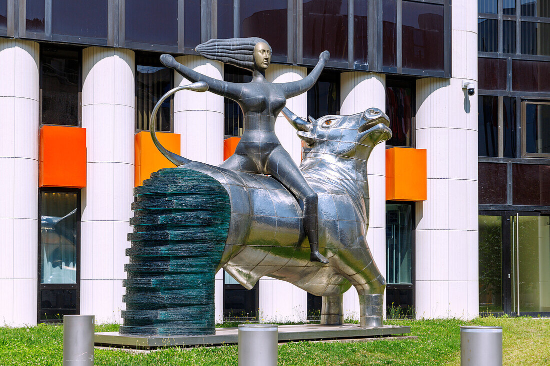  Sculpture &quot;The Abduction of Europe&quot; by Nikos and Pandelis Sotiriadis in front of the Winston Churchill Building in the Quartier Européen (European Quarter) at the Bassin de l&#39;Ill in Strasbourg in the Bas-Rhin department in the Grand Est region in Alsace in France 