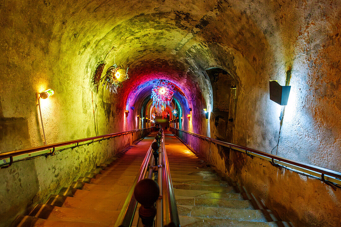  Maison de Champagne Vranken-Pommery, artist-decorated staircase to the chalk cellar, in Reims in the Champagne wine-growing region in the Marne department in the Grande Est region of France 