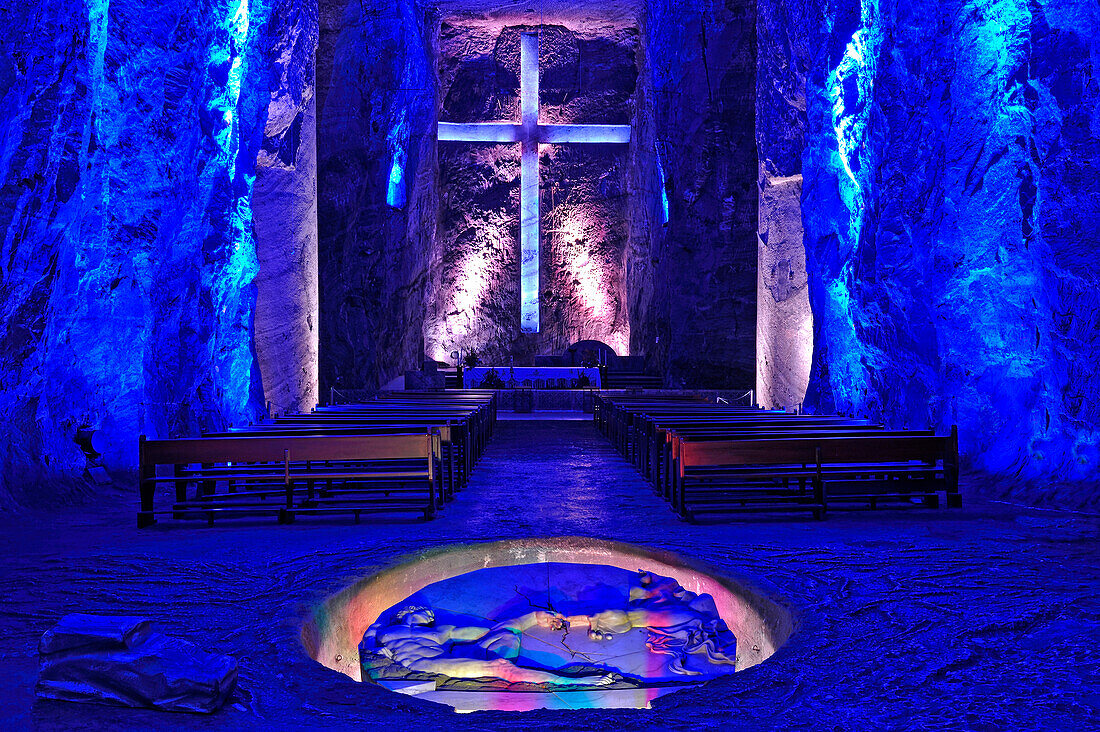 "Creation of Man", sculpture by Carlos Enrique Rodríguez with the main altar in the new Salt Cathedral of Zipaquira, Cundinamarca department, Savannah of Bogota, Colombia, South America