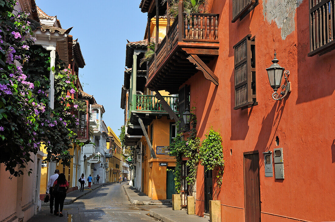 typical street in the downtown colonial walled city, Cartagena, Colombia, South America