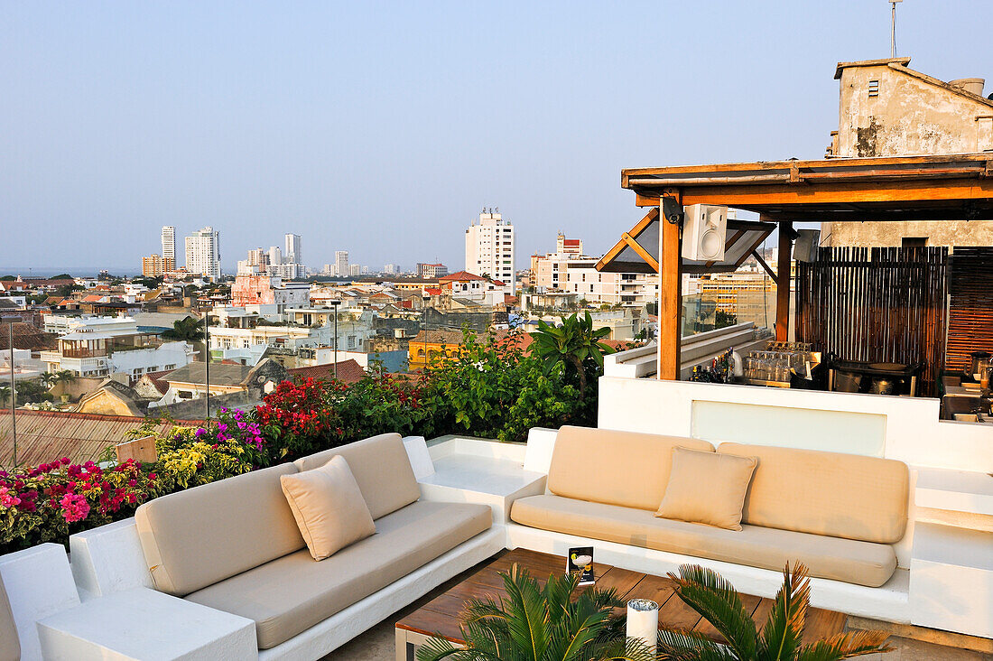 terrace on the top of the Movich Hotel in the downtown colonial walled city, Cartagena, Colombia, South America