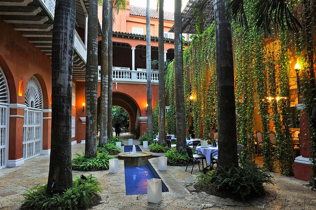 patio of the Casa Pestagua hotel in the downtown colonial walled city, Cartagena, Colombia, South America