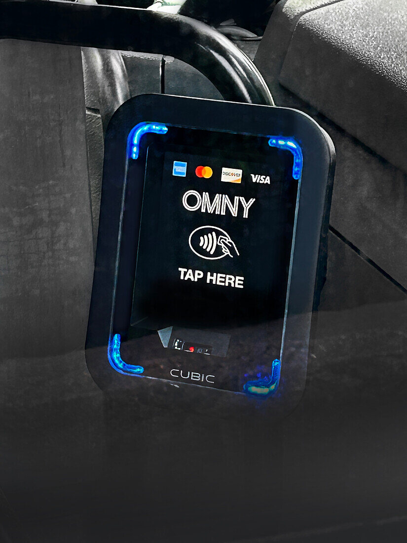 OMNY contactless payment system on hybrid bus, New York City, New York, USA