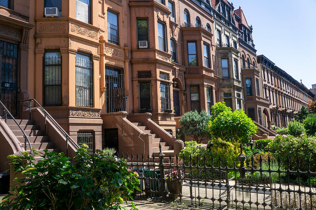  Reihe von Brownstone-Häusern, MacDonough Street, Bedford-Stuyvesant, Brooklyn, New York City, New York, USA 