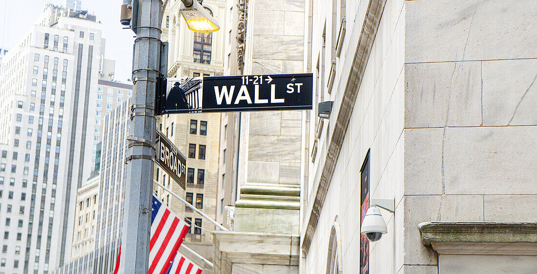 Wall and Broad Street Signs, New York City, New York, USA