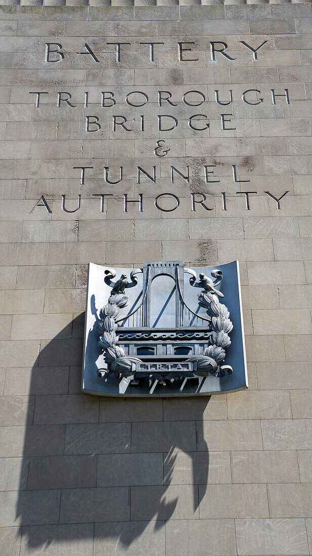 Brooklyn Battery Tunnel, low angle view of granite-faced monumental ventilation building, close-up architectural detail, New York City, New York, USA