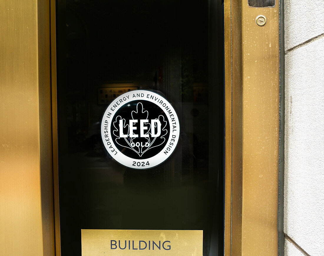 LEED certification sign, building exterior, New York City, New York, USA