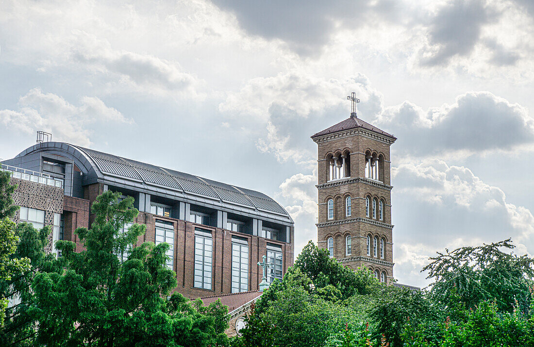 "Judson Memorial Church,\nCampanile (foreground and right), Furman Hall, New York University (left), Greenwich Village, New York City, New York, USA"