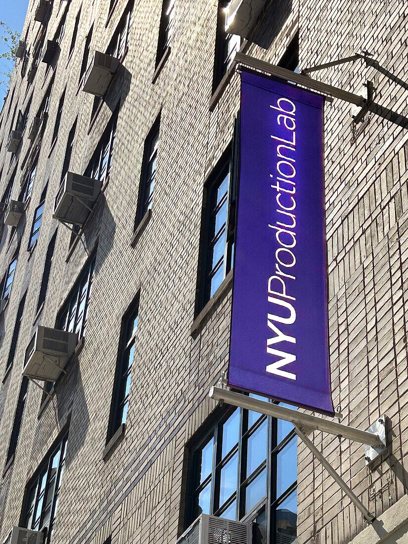 NYU Production Lab, building exterior and banner, New York University, New York City, New York, USA