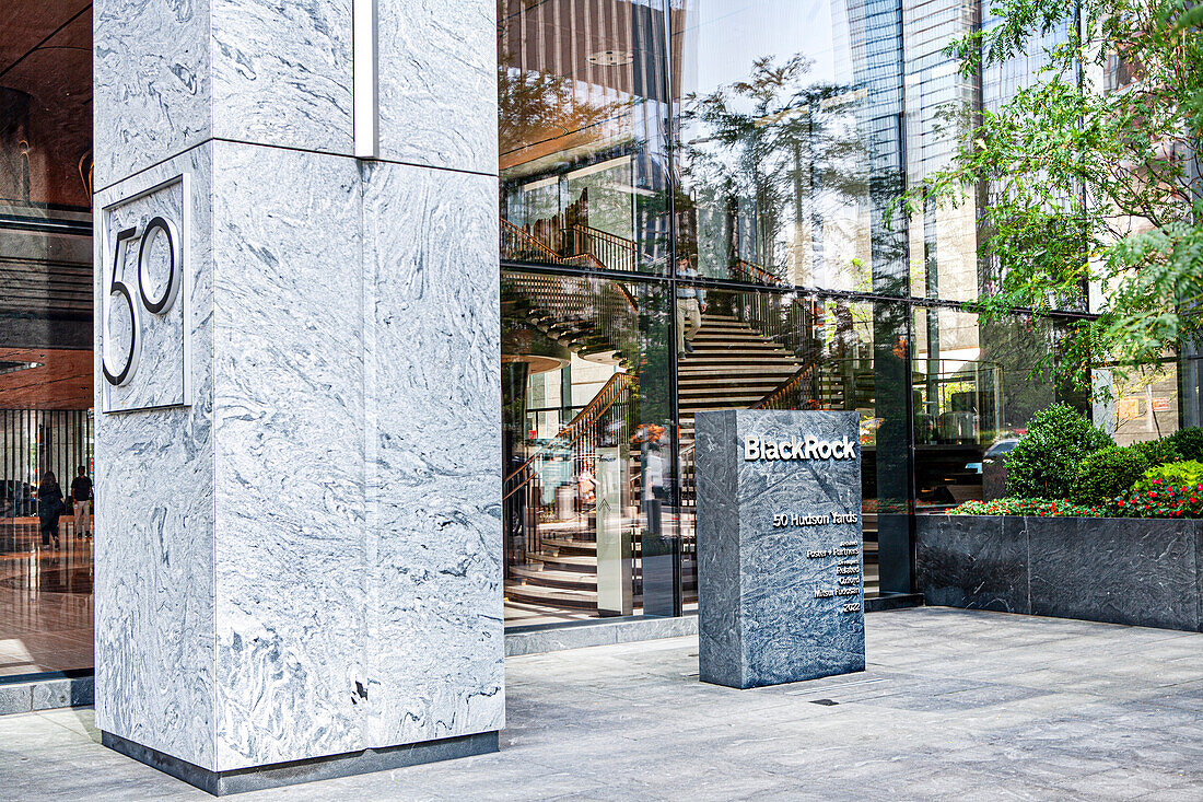 BlackRock, Inc., American international investment company, company sign outside building headquarters, 50 Hudson Yards, New York City, New York, USA