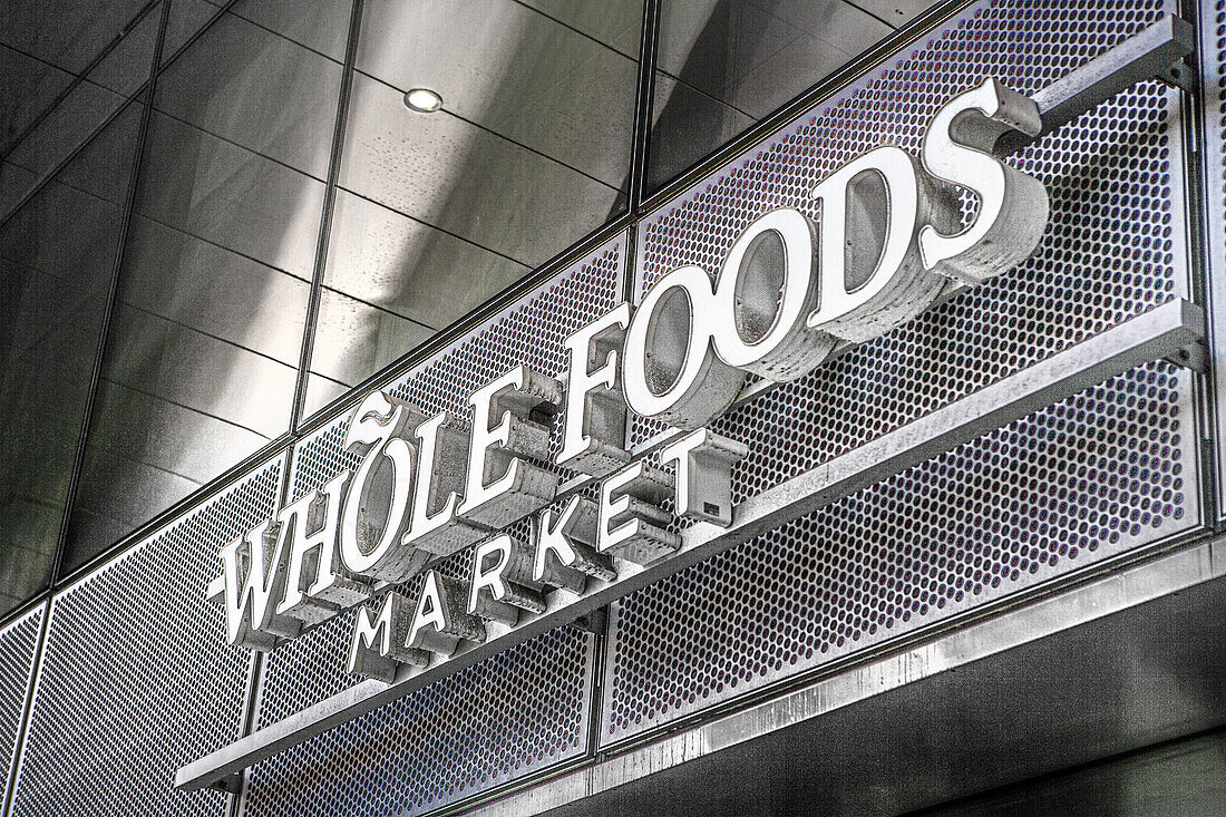 Whole Foods Market, store sign on building exterior, Hudson Yards, New York City, New York, USA