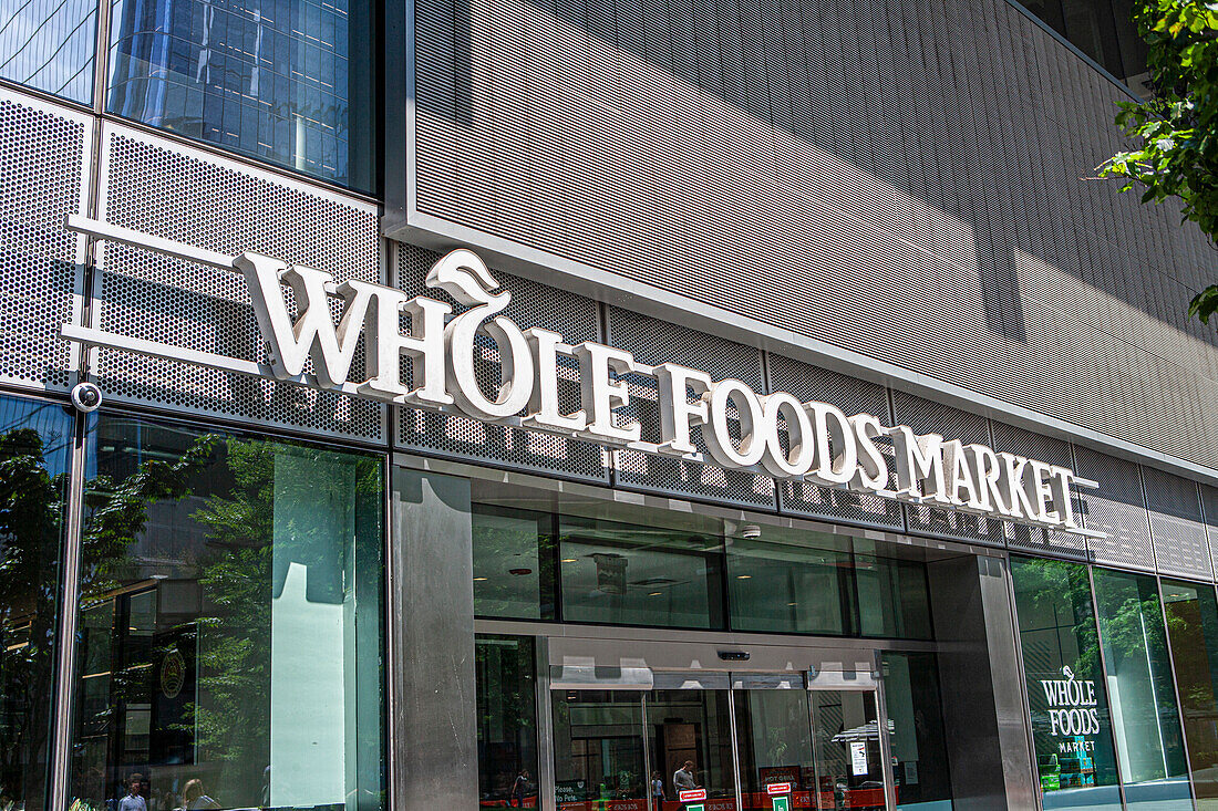 Whole Foods Market, store sign and building entrance, Hudson Yards, New York City, New York, USA