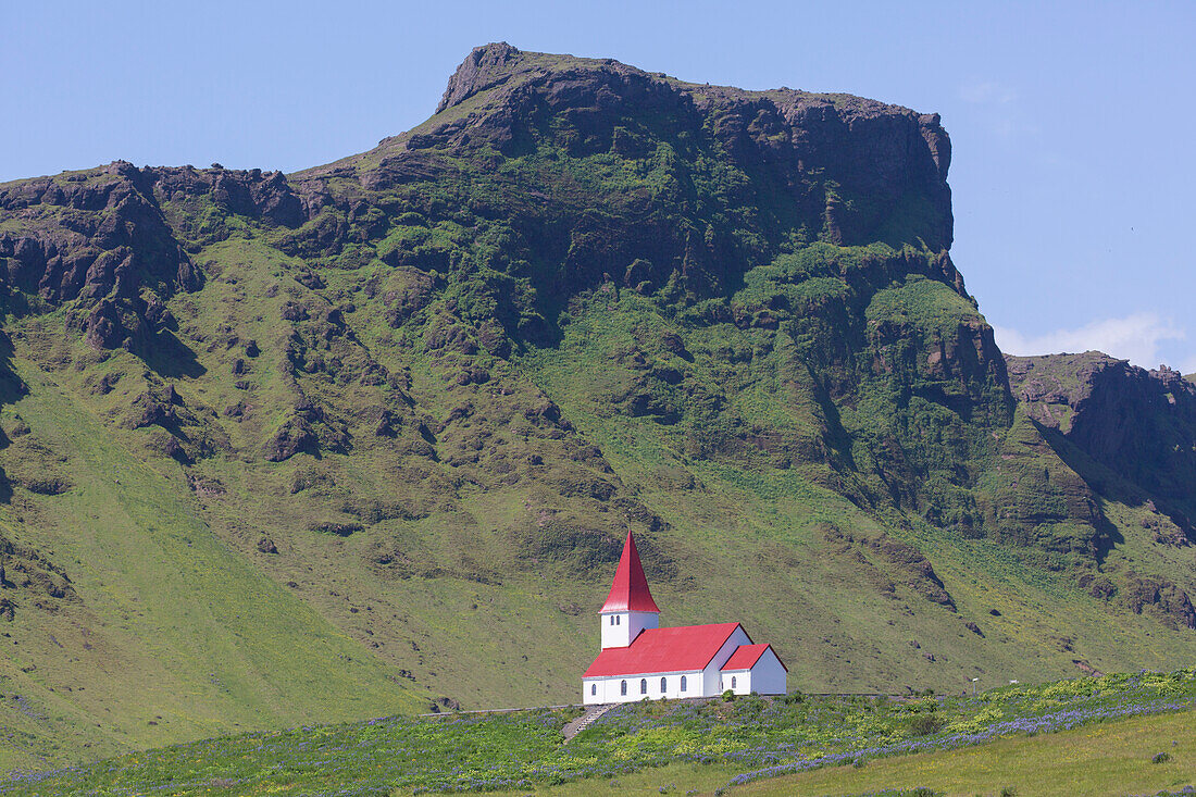  View of church in Vik i Myrdal, summer, Iceland 