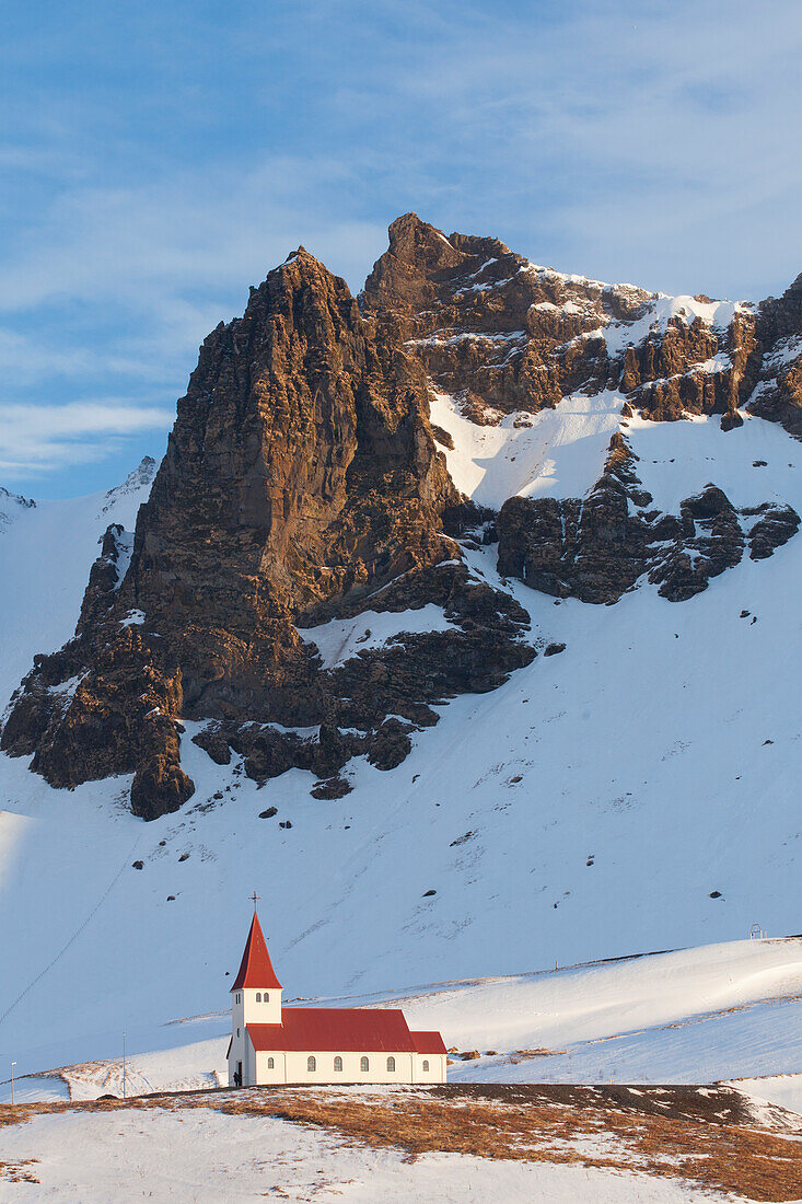  View of church in Vik i Myrdal, winter, Iceland 