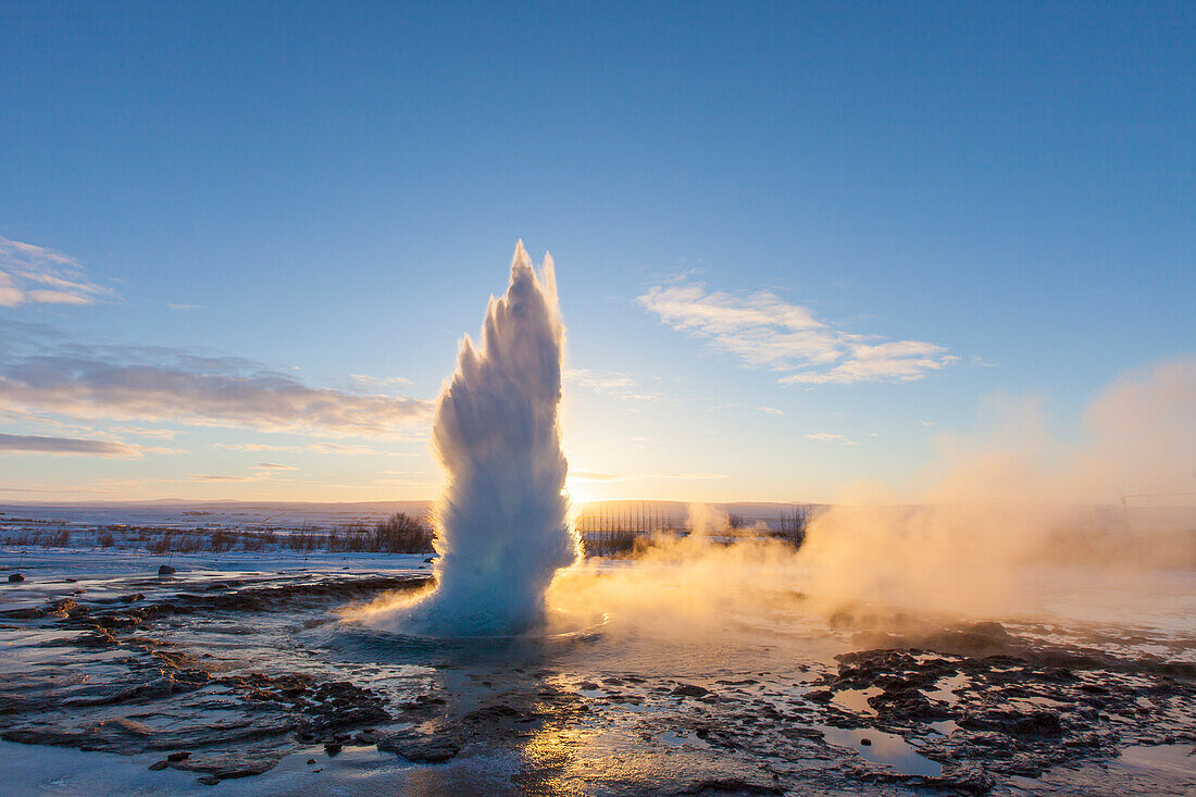  Strokkur Geysir (Butter Churn Geysir) in the Haukadalur hot spring valley erupting, winter, Iceland 