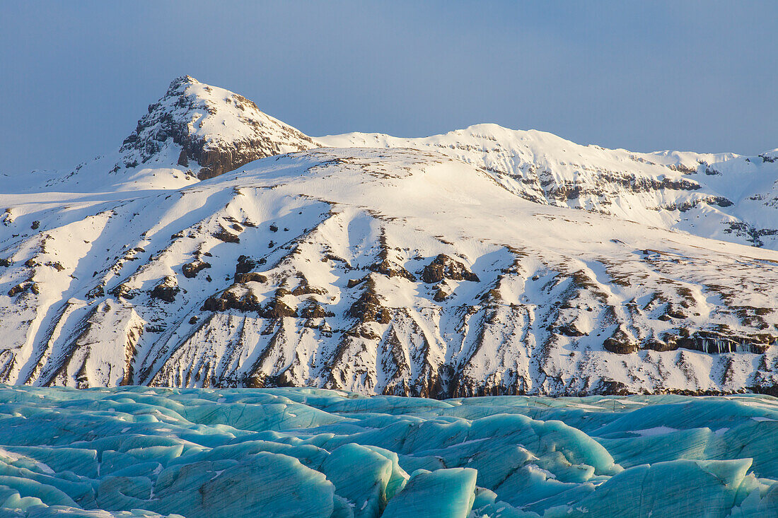  Ice formations at the Svinafellsjoekull glacier tongue, Vatnajoekull National Park, winter, Iceland 