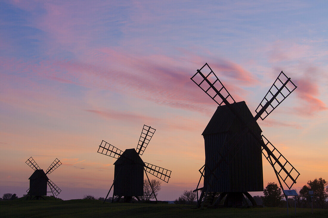  Windmills at sunset, Resmo, Oeland Island, Sweden 