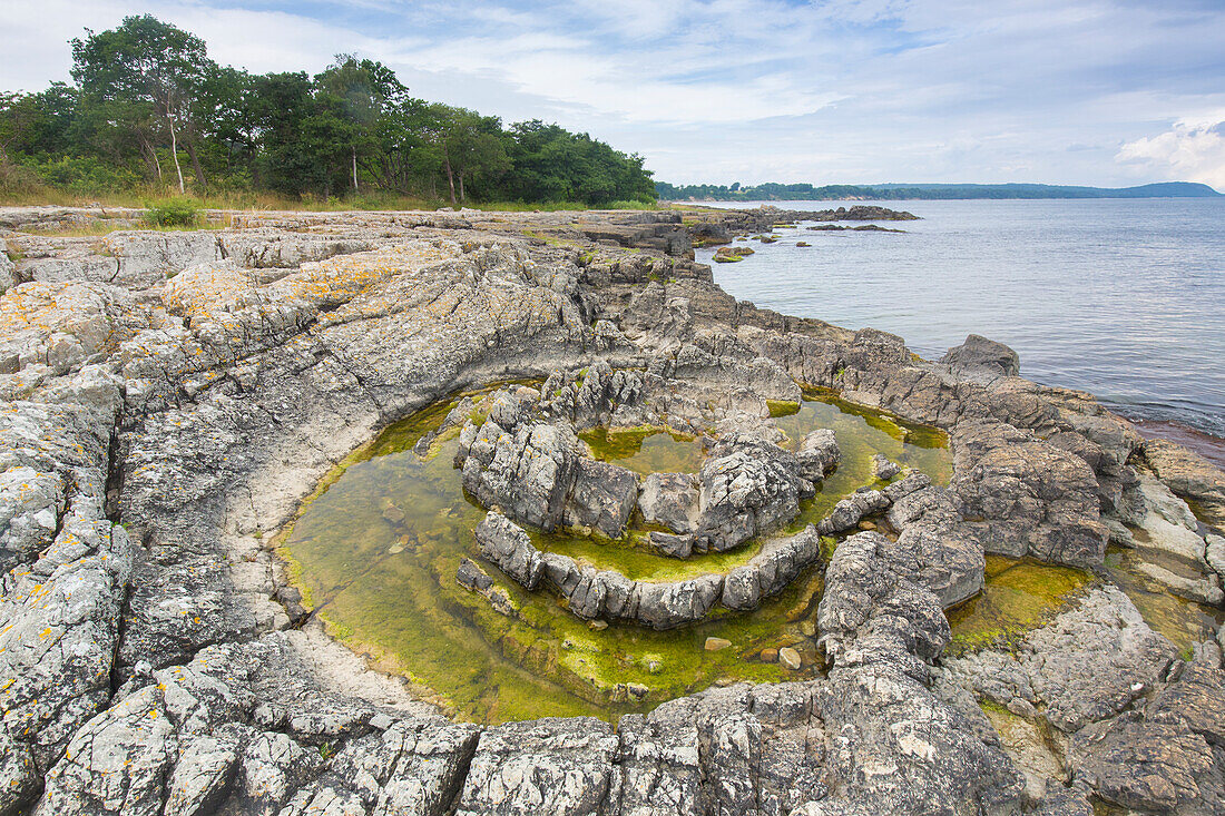  The fossil sand volcano Praestens badkar on the Baltic coast near Vik, Skane, Sweden 