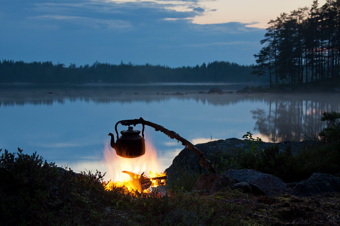  Coffee kettle, campfire, evening atmosphere at the lake, Dalarna, Sweden 