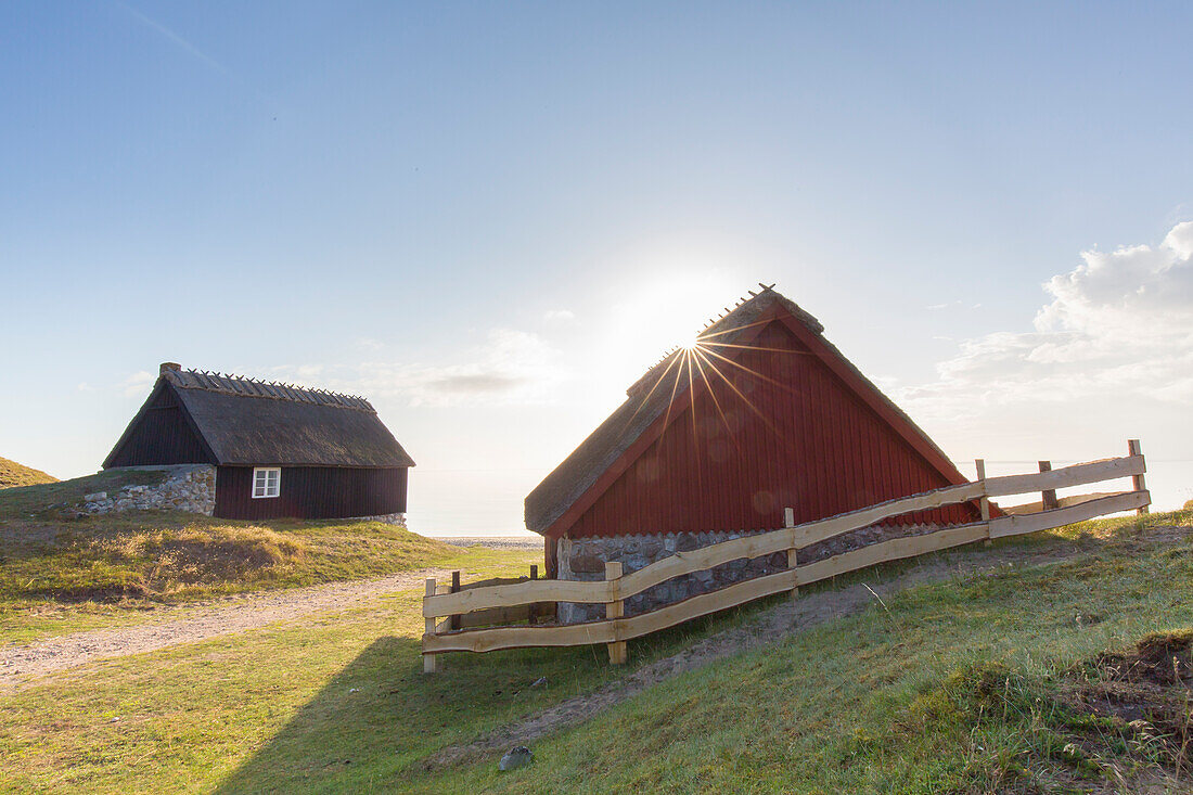  Fisherman&#39;s hut on the coast at sunrise, Havaeng, Skåne County, Sweden 