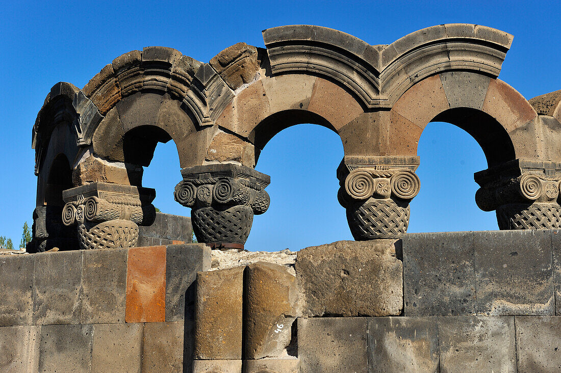 rebuilt sections of the ruins of Zvarnots Cathedral, located near the city of Vagharshapat (commonly known as Ejmiatsin),  UNESCO World Heritage Site, suburbs of Yerevan, Armenia, Eurasia