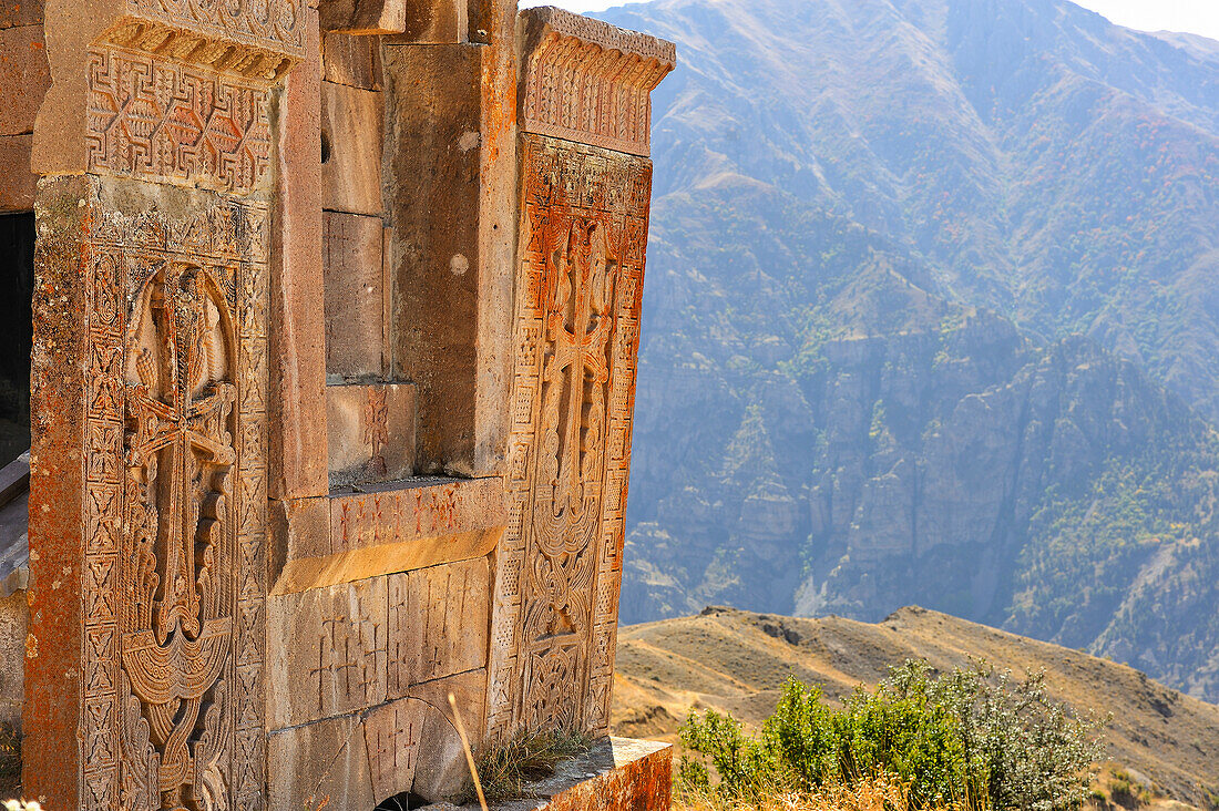 khachkars of St. Nechan church (Surp Nshan, 11th century) at Tsakhats Kar Monastery, near Yeghegnadzor, Vayots Dzor province, Armenia, Eurasia