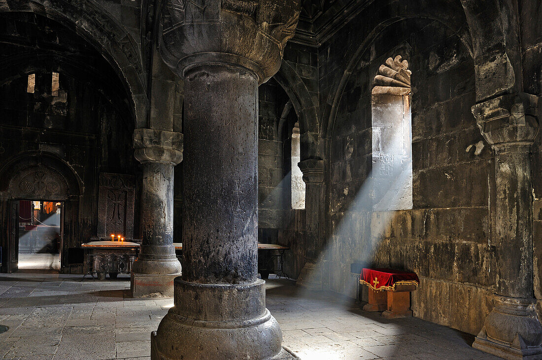 Gavit (narthex) of  the main church of Geghard monastery,  UNESCO World Heritage Site, Kotayk province, Armenia, Eurasia