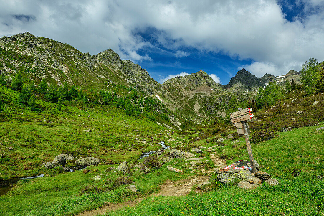  Signpost at Tiefrastenbach with mountains in the background, Pfunderer Höhenweg, Zillertal Alps, South Tyrol, Italy 