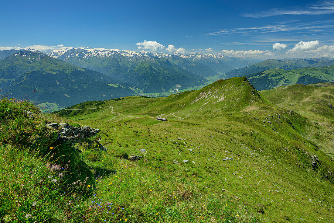 Blick vom Rescheskogel ins Salzachtal und auf Hohe Tauern, Rescheskogel, Pinzgauer Höhenweg, Kitzbüheler Alpen, Salzburg, Österreich