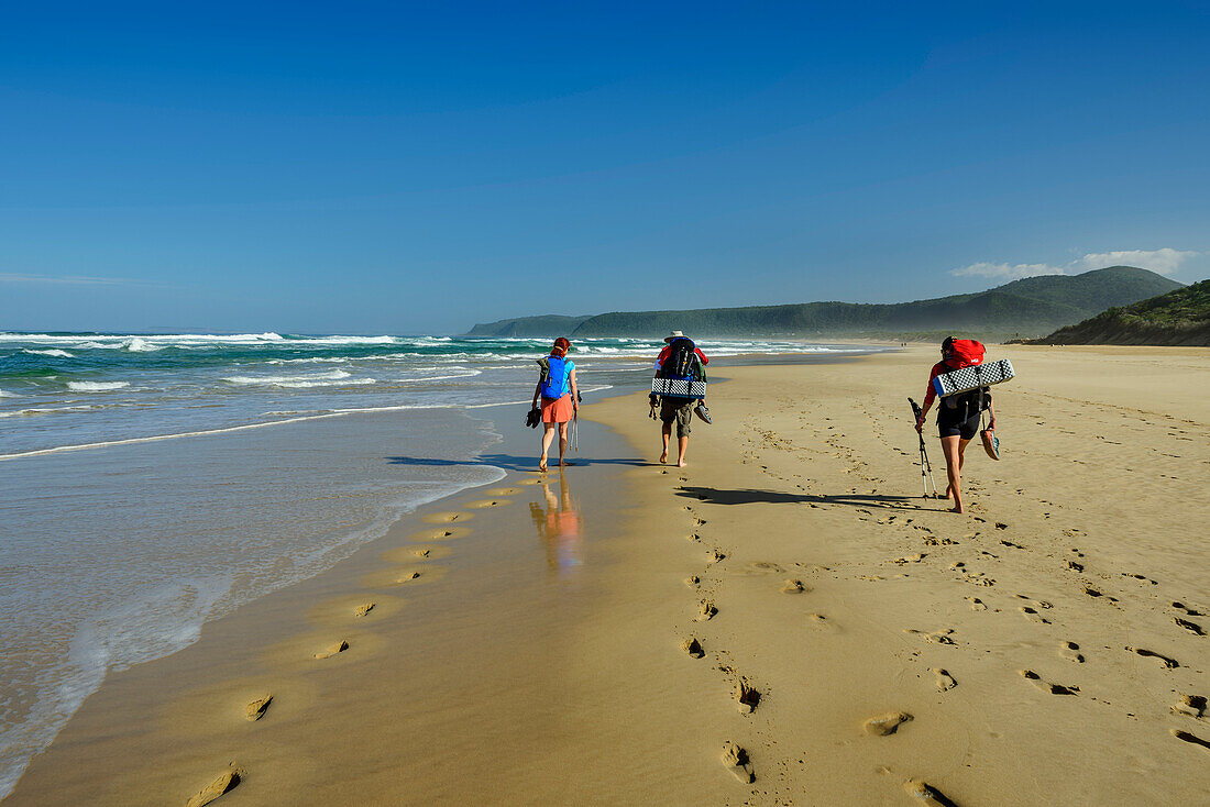  Three people walking across the sandy beach of Nature&#39;s Valley, Otter Trail, Tsitsikamma Section, Garden Route National Park, Eastern Cape, South Africa 