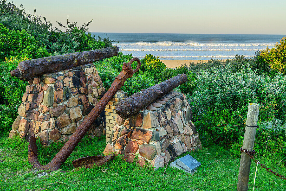  Two historic cannons aiming at the sea, Cannon Rocks, Cannon Rocks Trail, Addo Elephant National Park, Eastern Cape, South Africa 