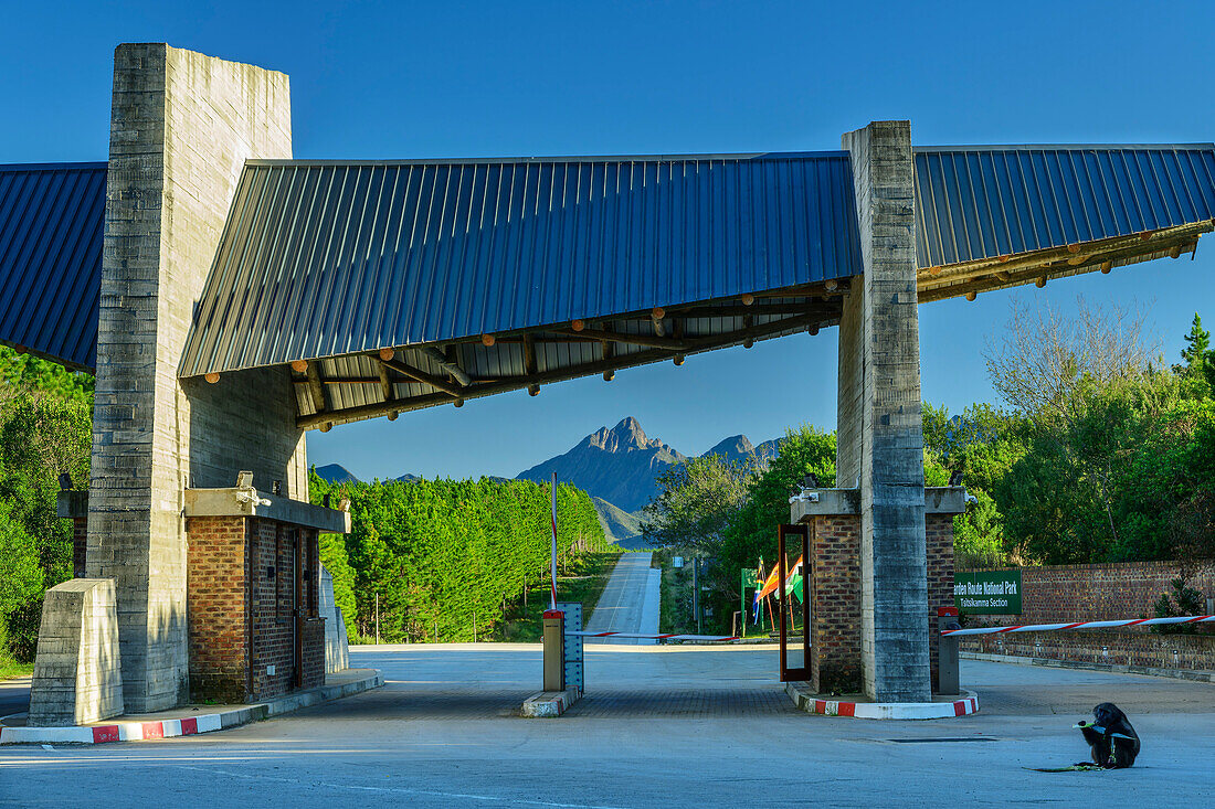 Eingangsportal des National Parks Garden Route mit Gebirge im Hintergrund, Otter Trail, Storms River, Tsitsikamma Section, Garden Route National Park, Eastern Cape, Südafrika