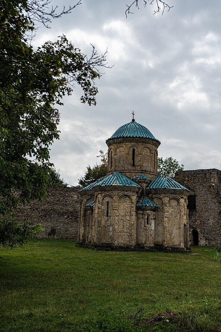 Domed hall church of the famous ruins of  Kvetera Middle Ages fortress city in the Caucasus mountains in Georgia