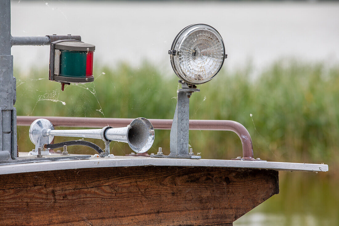  Detailed view of a fishing boat at the Boddenhafen Dändorf, Saaler Bodden, Dierhagen, Dändorf, Baltic Sea, Fischland, Darß, Zingst, Vorpommern-Rügen district, Mecklenburg-Vorpommern, Western Pomerania region, Germany, Europe 