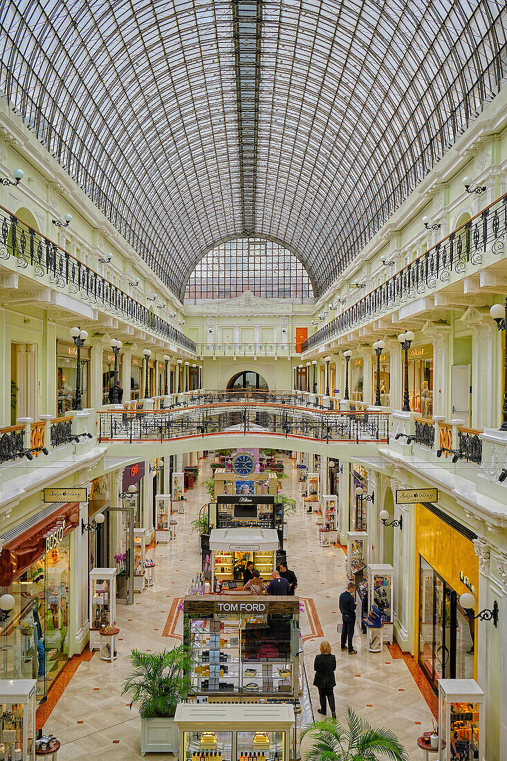 Interior view of the Petrovsky Passage, a luxury shopping mall on Petrovka Street. Moscow, Russian Federation.