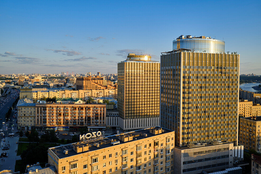 Aerial view of the Golden Ring Hotel towers at the Garden Ring and surrounding buildings. Moscow, Russia.