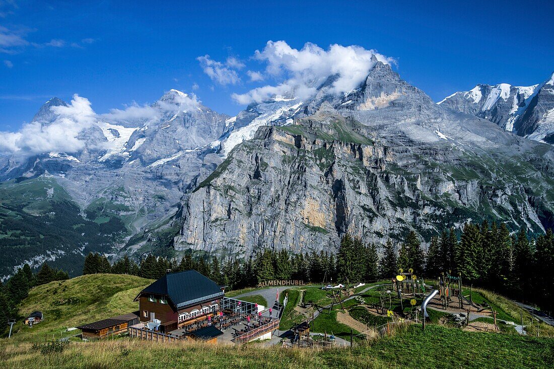  Allmendhubel with restaurant and adventure playground, view of Eiger, Mönch and Jungfrau, Bernese Oberland, Mürren, Switzerland, 