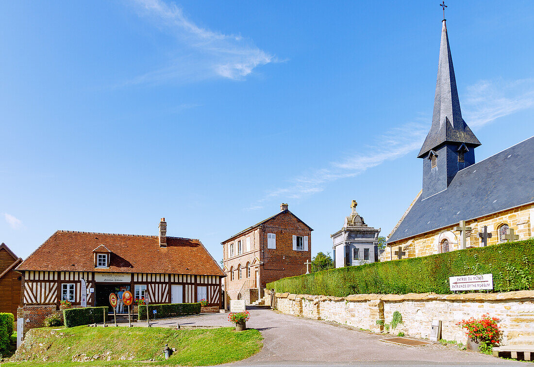  Camembert with cheese museum and church in the Pays d&#39;Auge in the Calvados department in the Normandy region of France 