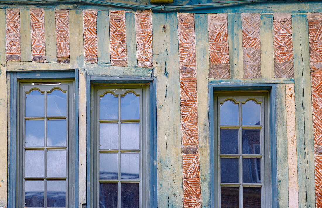  Half-timbered house on the street Rue Grande in Orbec in the Pays d&#39;Auge in the Calvados department in the Normandy region of France 