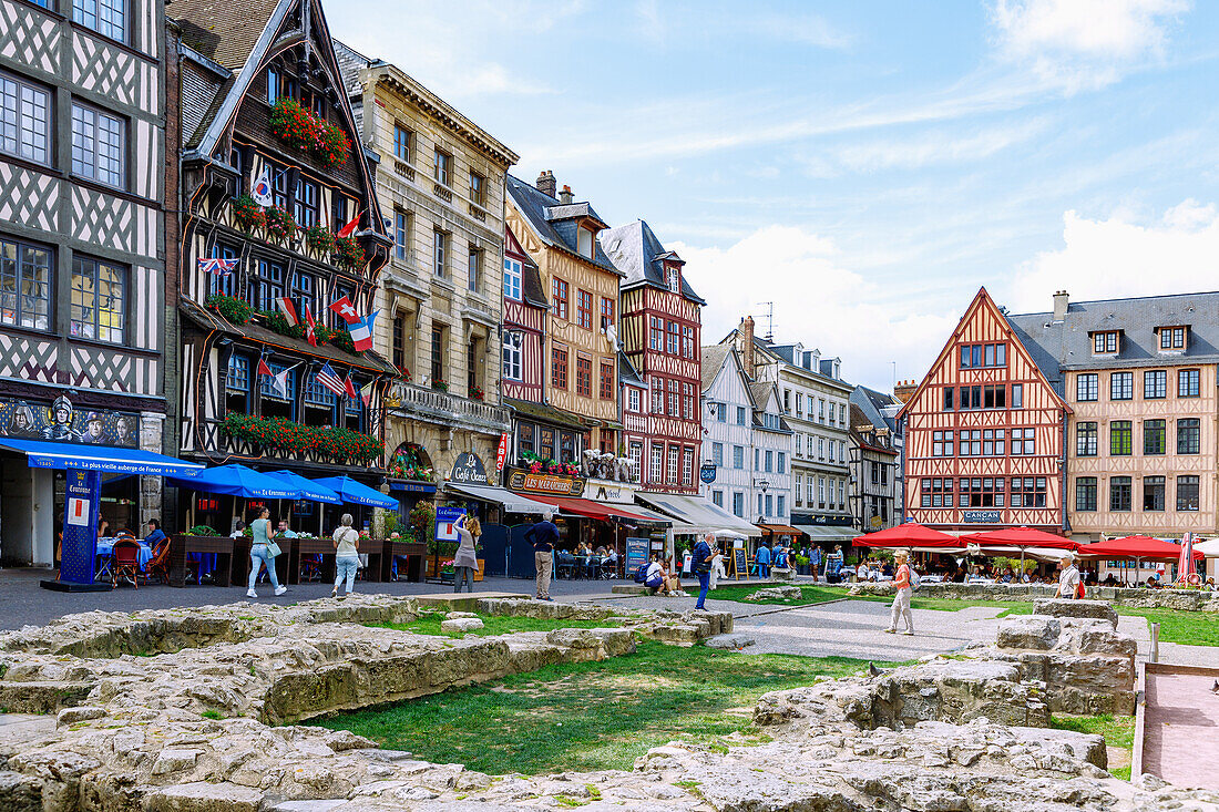  Place du Vieux Marché with remains of the destroyed church of Saint-Vincent and half-timbered houses in the old town of Rouen in the Seine-Maritime department in the Normandy region of France 