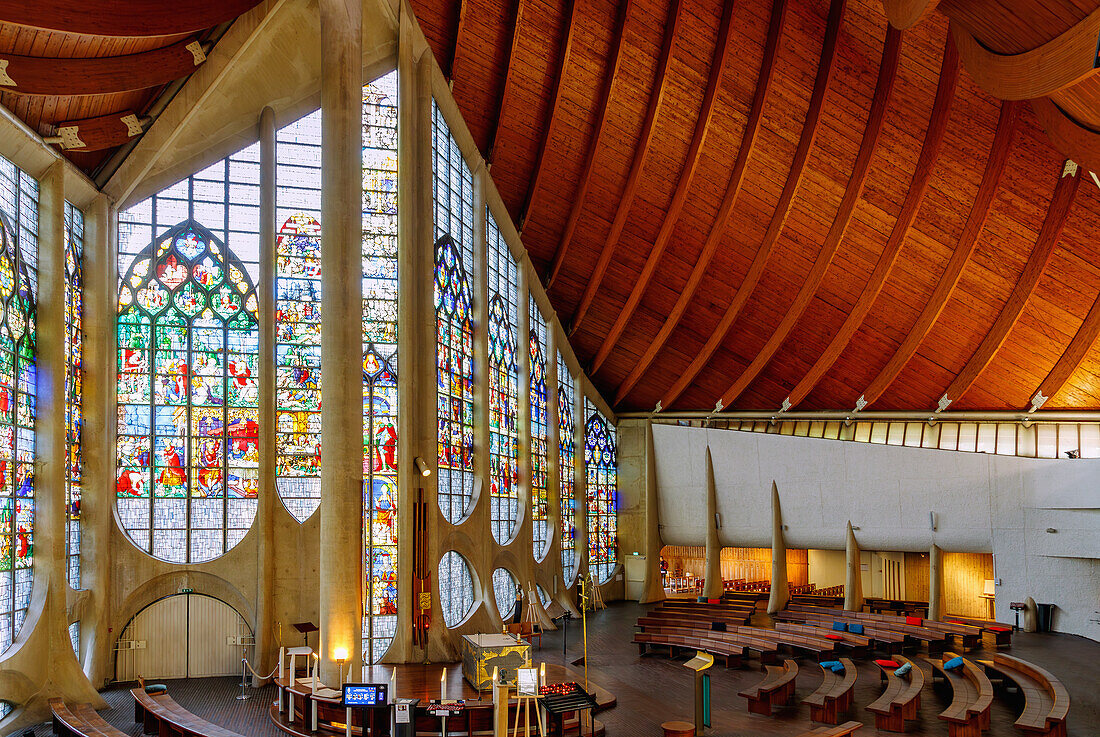  Interior of the modern church Sainte-Jeanne d&#39;Arc with historic stained glass windows of the destroyed church Saint-Vincent in the old town of Rouen in the Seine-Maritime department in the Normandy region of France 