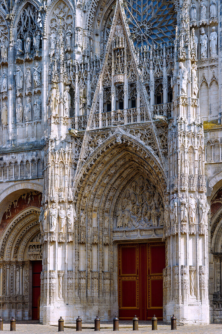  Magnificent façade and main portal of the Cathédrale Notre-Dame in Rouen in the Seine-Maritime department in the Normandy region of France 