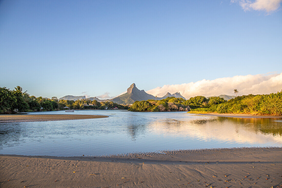  Tamarin, a bay with a flat beach at sunset. Mauritius Island, Africa 