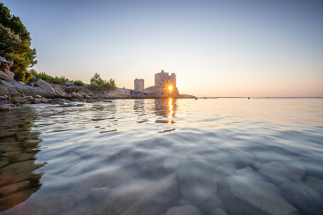  Kastelina Castle, Mediterranean bay with calm water at sunrise, Mediterranean landscape of Vir island, Zadar, Dalmatia, Croatia, Adriatic Sea 